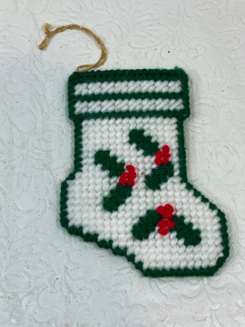 VTG Handmade Crocheted Stocking Holly Berries Christmas Tree Ornament 3.5"x4.5"